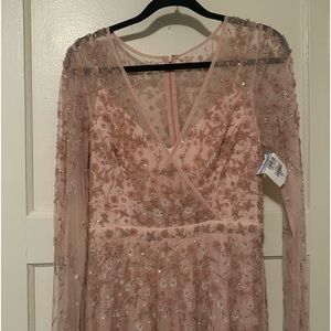 MAC DUGGAL - Embellished wrap over illusion long sleeve a line. (In Peach color)